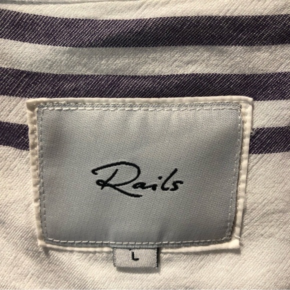 Rails blue and white horizontal stripe button down rayon blouse Chinese collar L - Picture 2 of 10